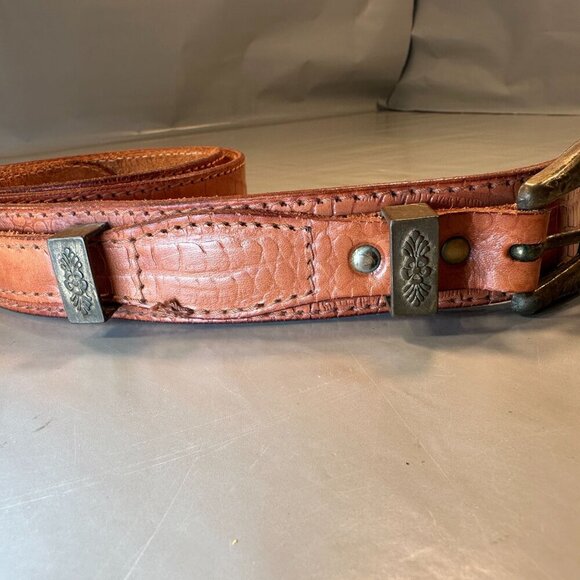 Fiorucci Italy Leather Double Strap Belt Vintage Embossed Brass Floral Accents - Picture 11 of 16